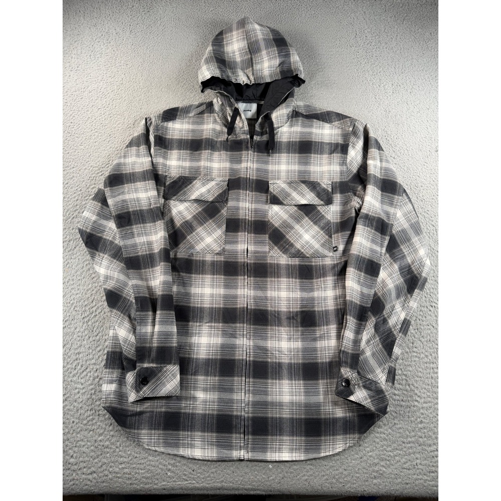 Burton Analog Kaiden Flannel Jacket Men Large Grey Black Plaid Hooded Zip Skater